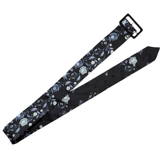 Vintage 1970s Astor Germany Floral Fabric Belt Blue Black Silver Buckle